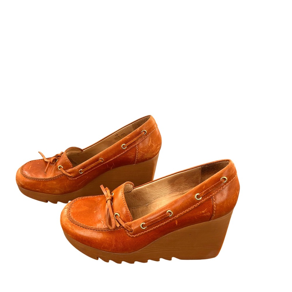 Michael Michael Kors Cognac Leather Boat Shoe Platform Wedges Size 9M